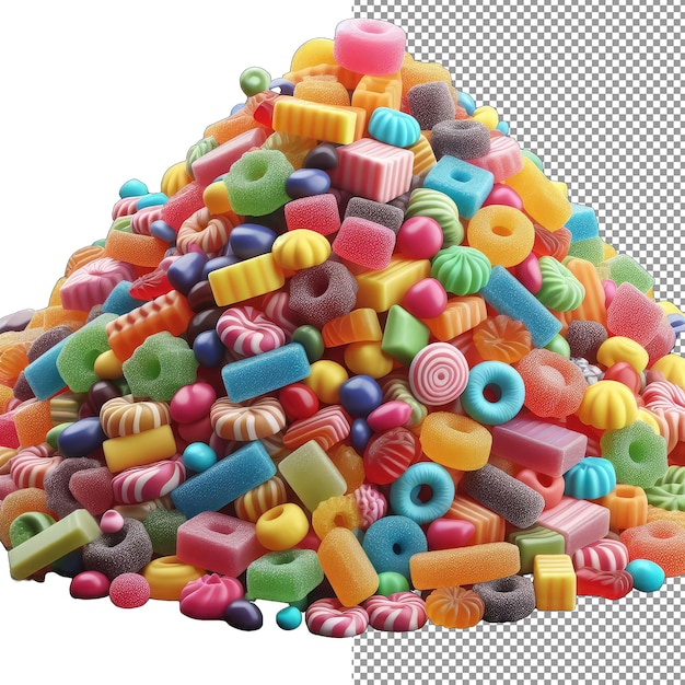 PSD confectionery cascade isolated 3d pile of gummies on a clear png palette