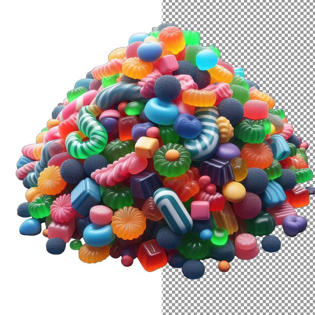 Confectionery cascade isolated 3d pile of gummies on a clear png palette