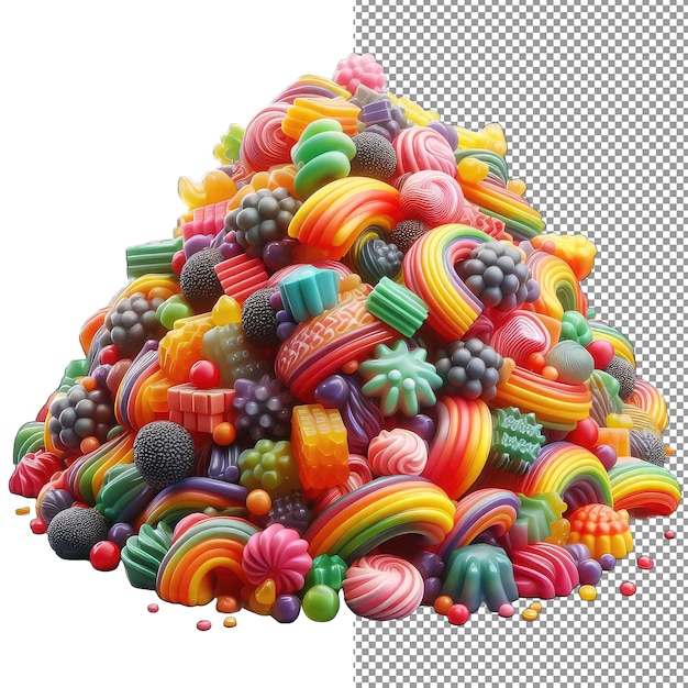 PSD confectionery cascade isolated 3d pile of gummies on a clear png palette