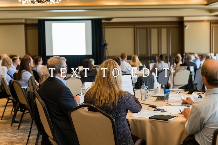 PSD conference attendees seated at round tables facing a large blank presentation screen