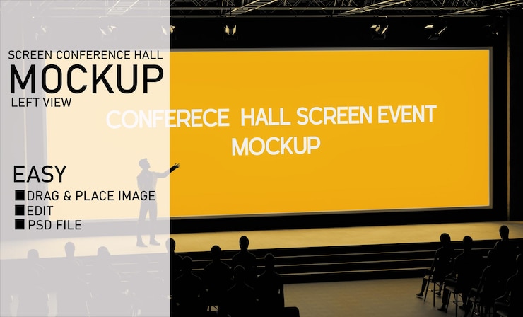 PSD conference hall screen event mockup left view