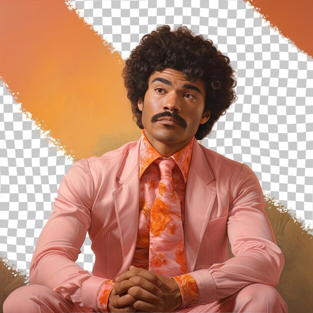 A confident adult man with kinky hair from the pacific islander ethnicity dressed in nail technician attire poses in a chin on hand style against a pastel apricot background