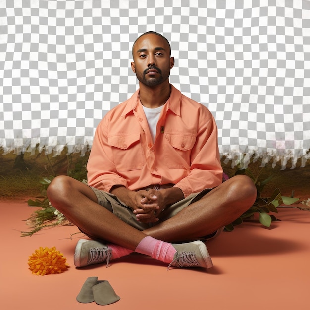 PSD a confident adult man with short hair from the african american ethnicity dressed in camping in the woods attire poses in a sitting cross legged on the floor style against a pastel salmon ba