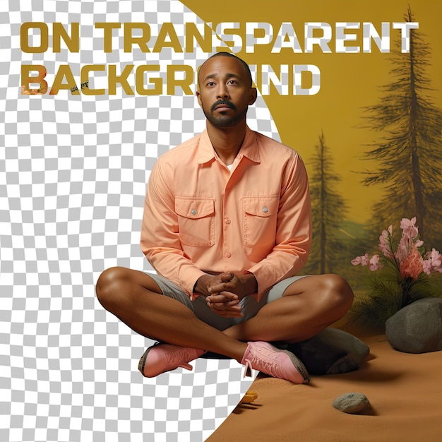 PSD a confident adult man with short hair from the african american ethnicity dressed in camping in the woods attire poses in a sitting cross legged on the floor style against a pastel salmon ba