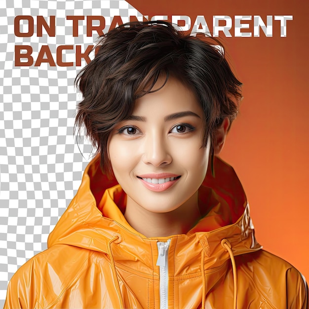 PSD a confident adult woman with short hair from the east asian ethnicity dressed in jogging in the park attire poses in a close up of eyes style against a pastel tangerine background