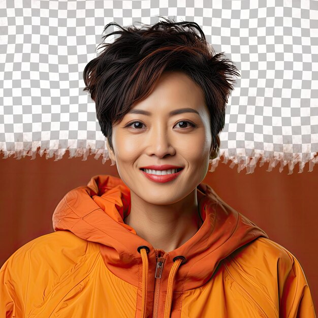 PSD a confident adult woman with short hair from the east asian ethnicity dressed in jogging in the park attire poses in a close up of eyes style against a pastel tangerine background