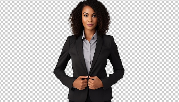 A confident african american businesswoman in a tailored suit holding a tablet