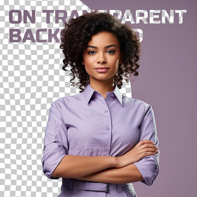 PSD confident african american engineer curly haired woman strikes powerful pose on lilac background