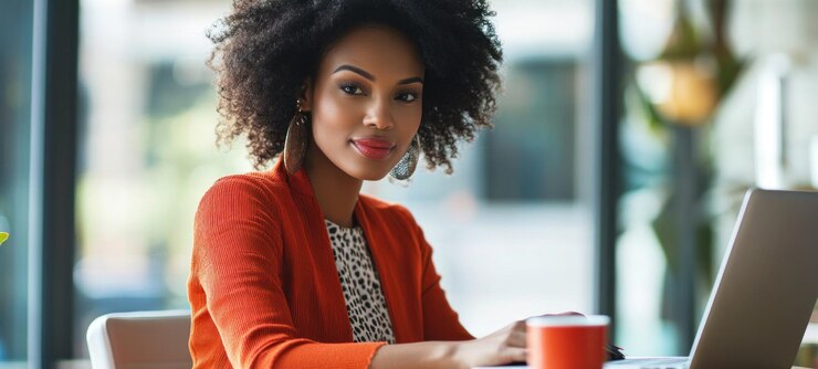PSD confident african american woman working on laptop in cafe