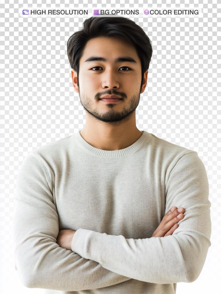 PSD confident asian programmer in studio lighting portrait