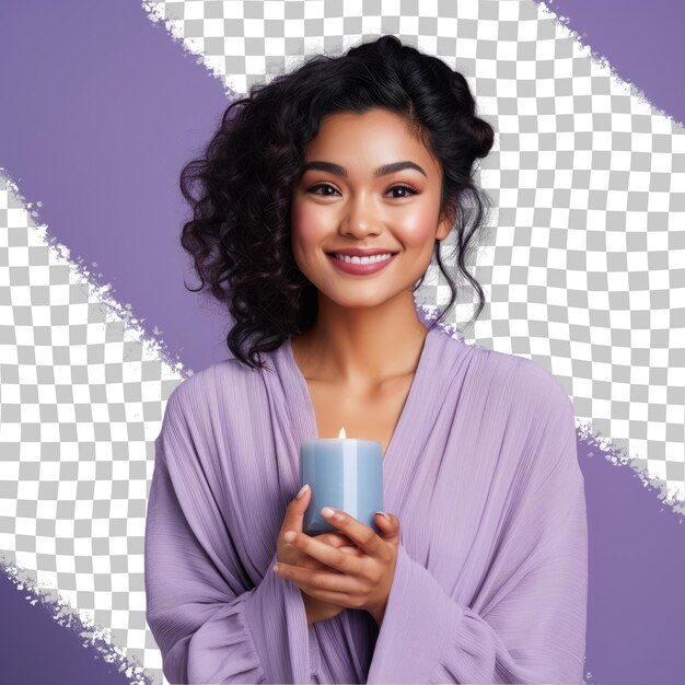 Confident asian woman kinky haired candle making cross armed pose on pastel lilac