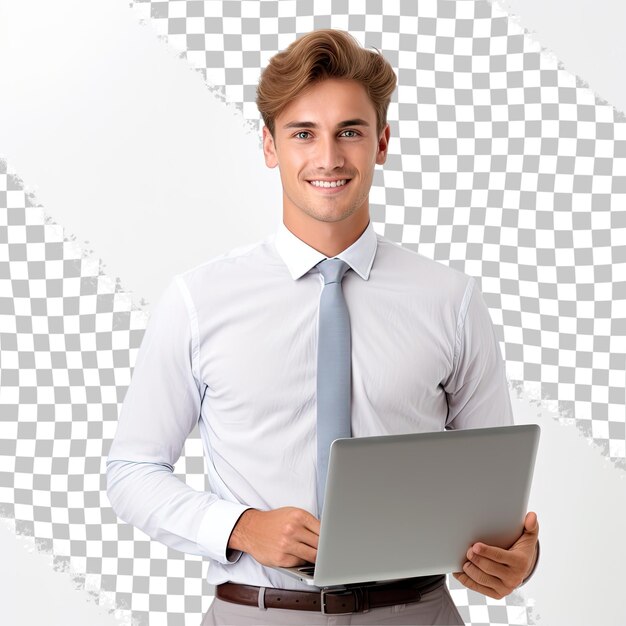 PSD confident business expert confident young handsome man in shirt and tie holding laptop and smiling