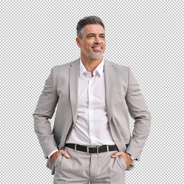 confident businessman in a gray suit with hands in pockets