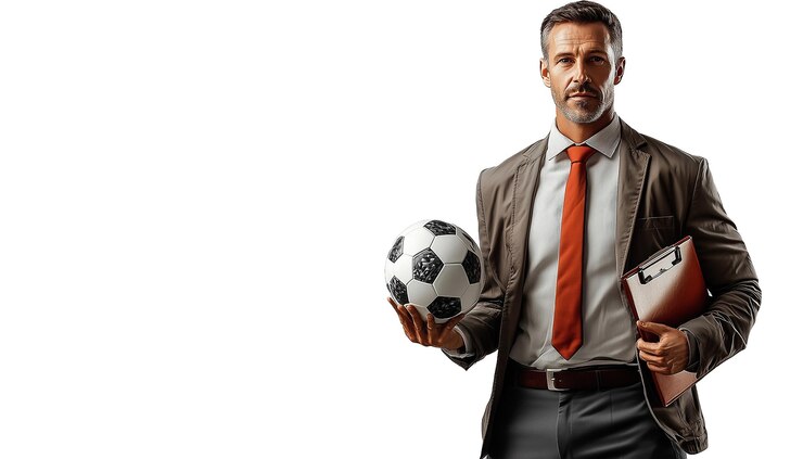 Confident Businessman Holds Soccer Ball and Clipboard