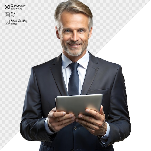 PSD confident businessman with tablet posing in studio