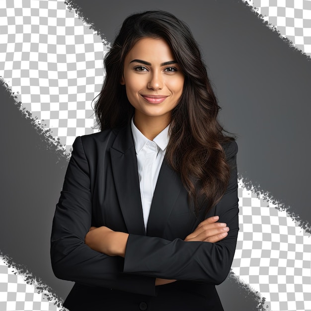 PSD confident businesswoman posing arms folded smiling young latin woman in formal suit beautiful standing for camera corporate portrait concept