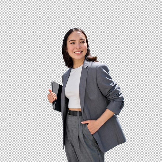 Confident Businesswoman Smiling and Holding Tablet