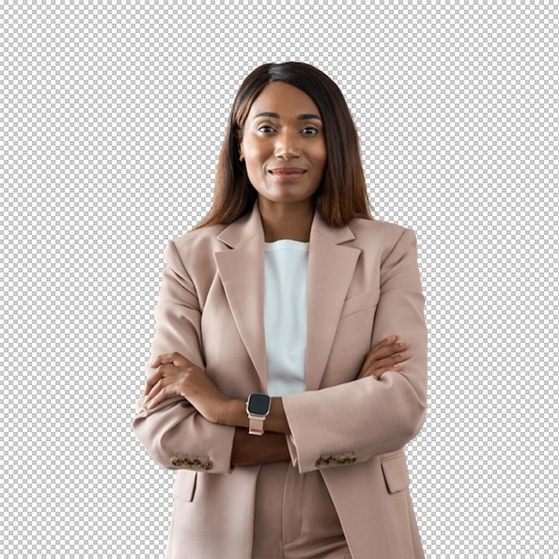 confident businesswoman in a suit with arms crossed