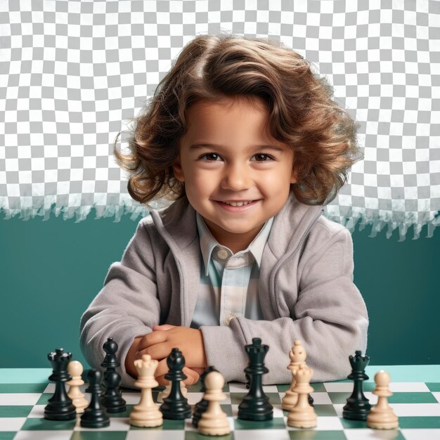 PSD confident chess prodigy hispanic preschooler poses in stylish chess attire against pastel mint backdrop