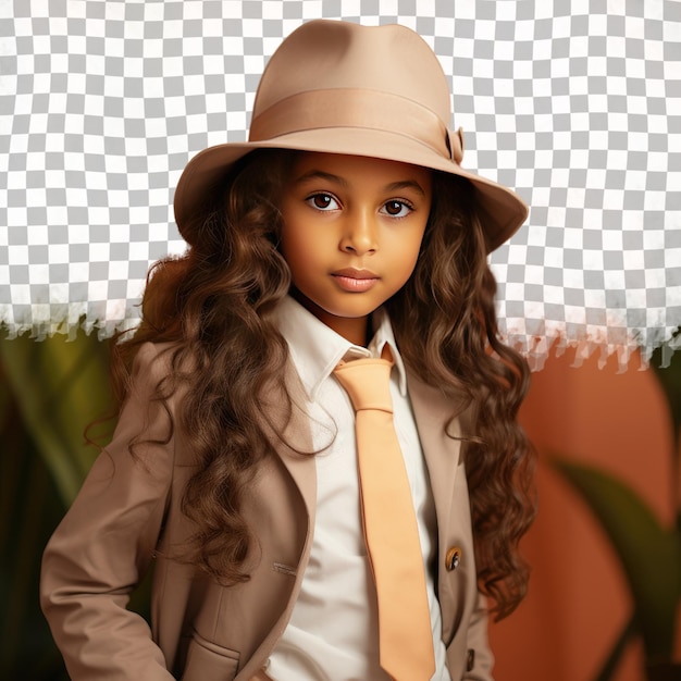 PSD a confident child girl with long hair from the african ethnicity dressed in private investigator attire poses in a gentle hand on cheek style against a pastel apricot background