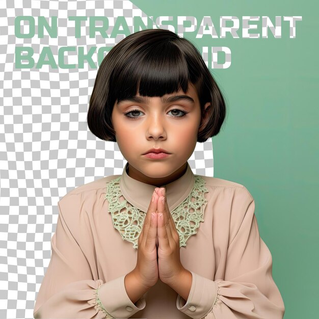 PSD a confident child girl with short hair from the west asian ethnicity dressed in editor attire poses in a sitting with hands clasped style against a pastel green background