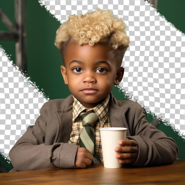 コーヒーを愛する自信のある幼稚園児 ブロンドの ⁇ のアフリカ系アメリカ人の男の子 腕を交差したパステル緑の背景