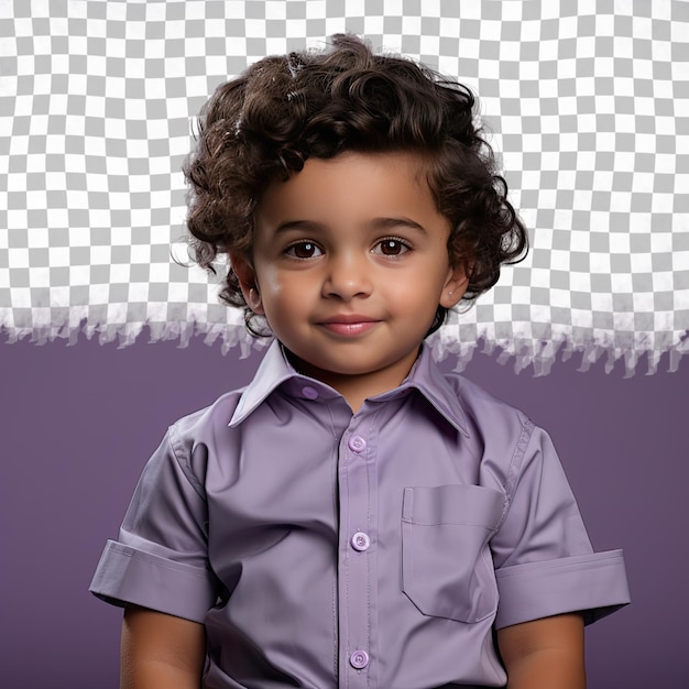 Confident curly haired middle eastern boy preschooler poses as mechanic against lilac background
