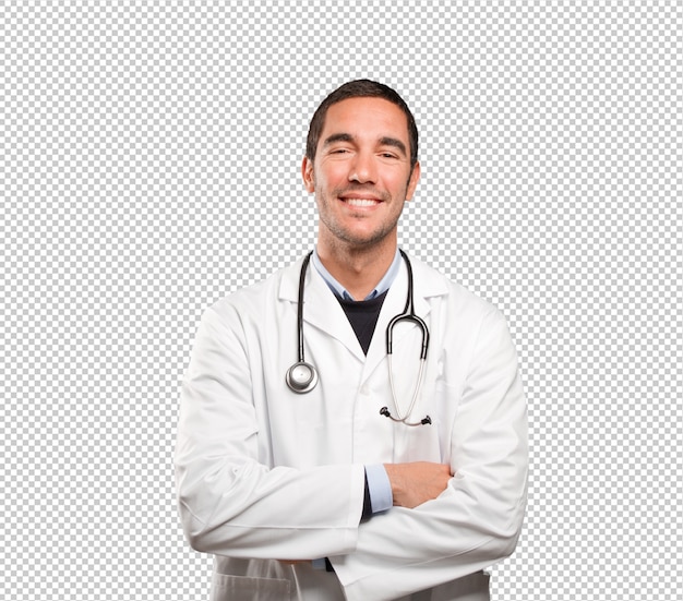 Confident doctor against white background