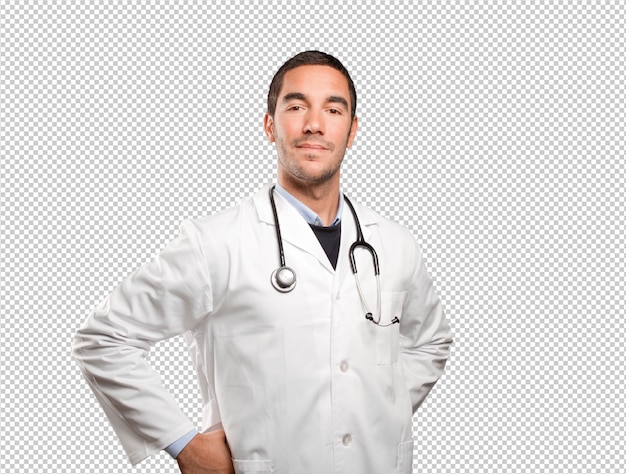 PSD confident doctor against white background