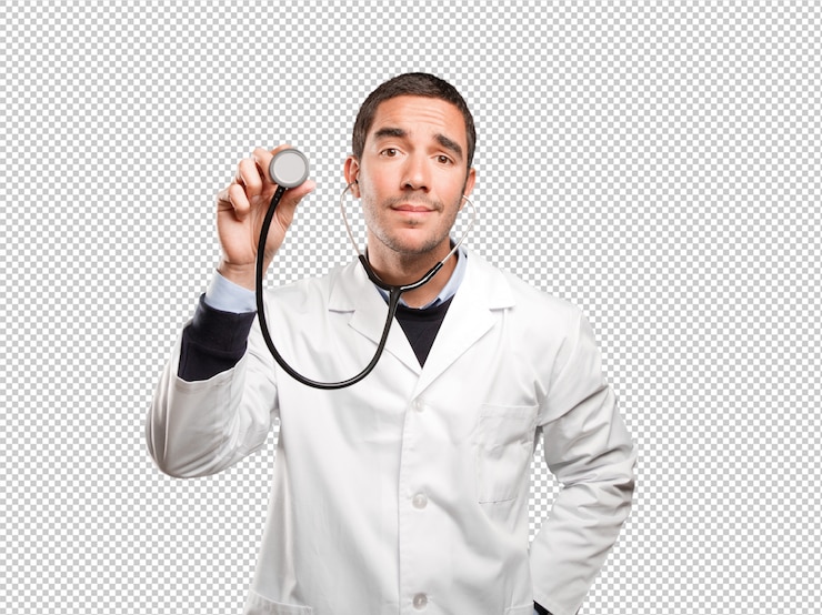 PSD confident doctor using a stethoscope against white background