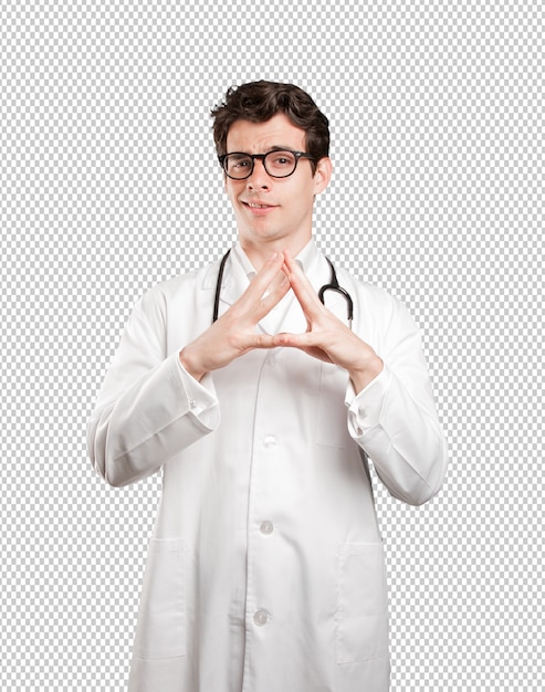 PSD confident doctor with concentration gesture against white background