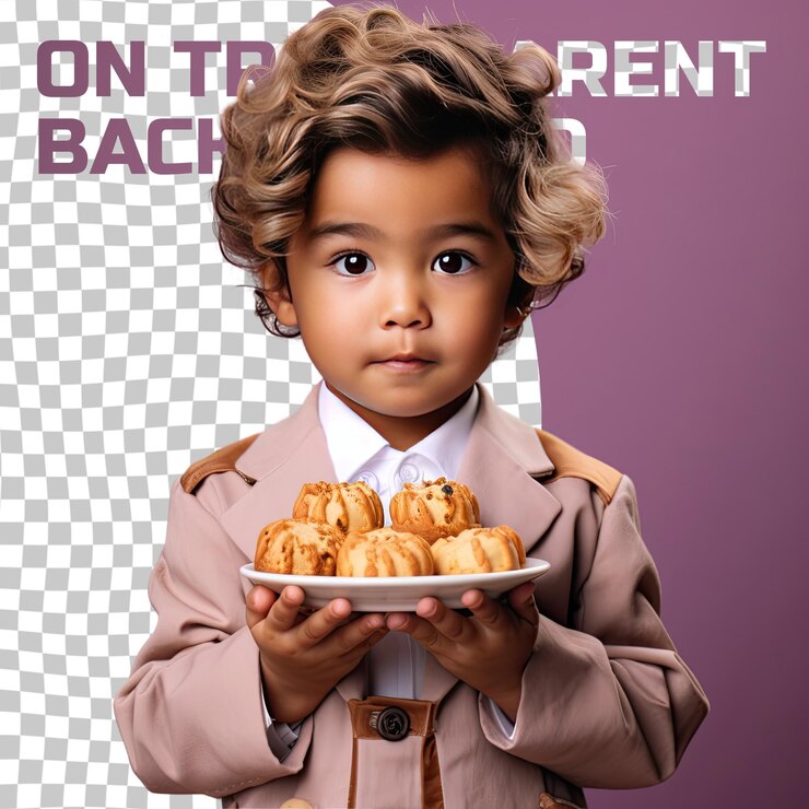 PSD confident east asian boy in baking attire wavy hair close up hands pastel mauve backdrop