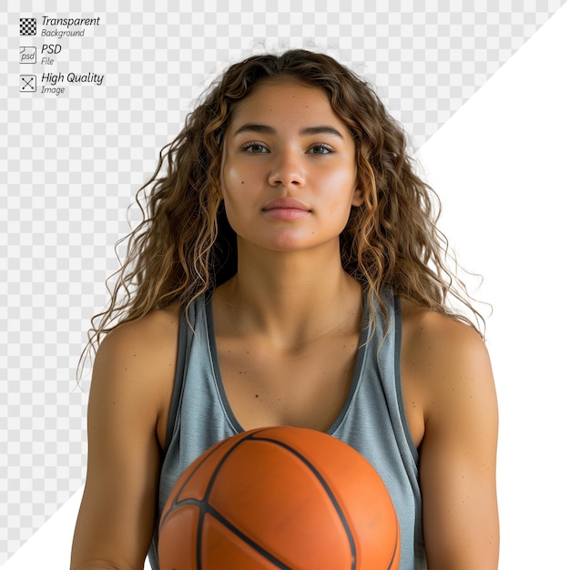 Confident female athlete posing with basketball on transparent background