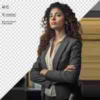 PSD confident female executive standing with folded arms transparent background