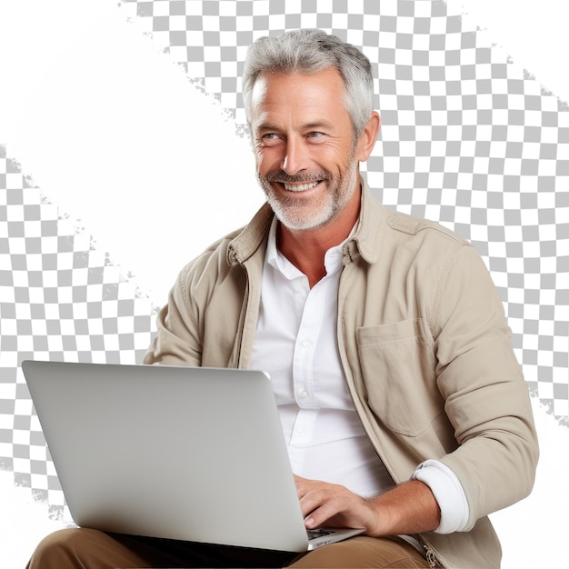 PSD confident goodlooking mature man using laptop isolated over transparent background