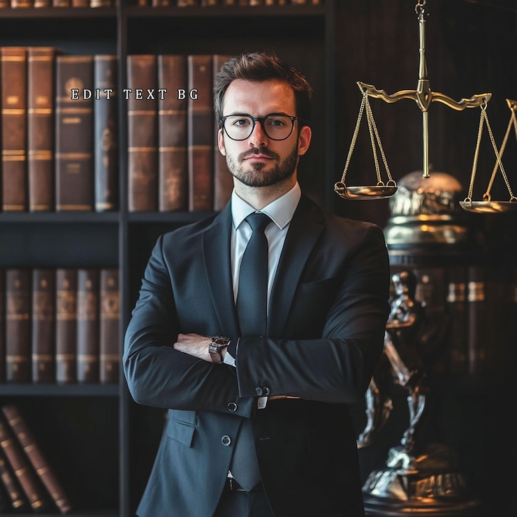 PSD 服を着た自信のある弁護士が法律事務所で正義の秤を横切って立っています