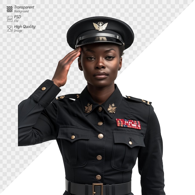 Confident military officer saluting in uniform on transparent background