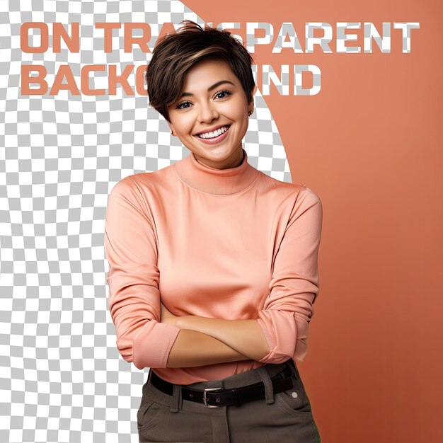 Confident mongolian meteorologist short haired young woman poses in pastel salmon background