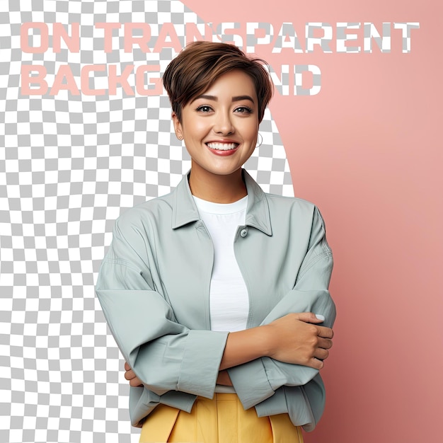 PSD confident mongolic meteorologist sports short hair pastel salmon background