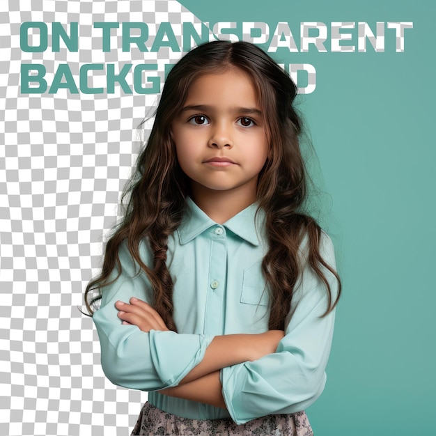 A confident preschooler girl with long hair from the aboriginal australian ethnicity dressed in interpreter attire poses in a crossed arms confidence style against a pastel mint background