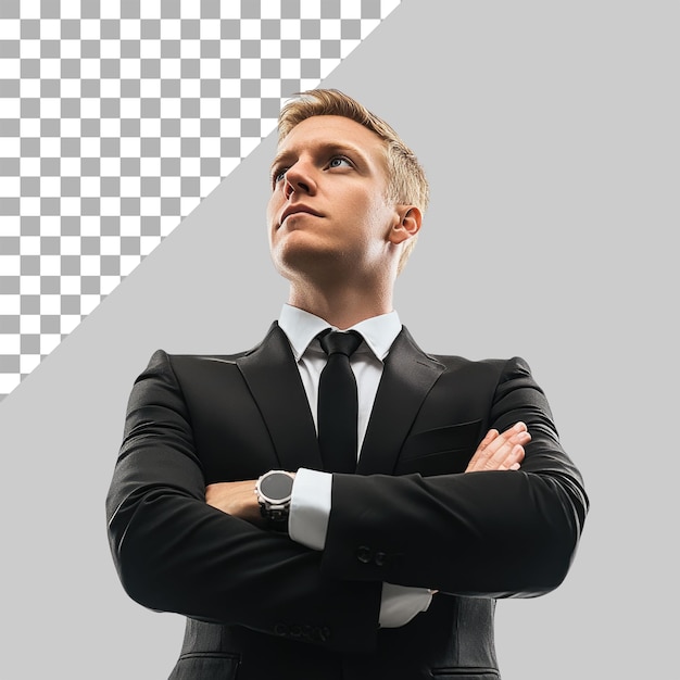 a confident and professional businessman in glasses wearing an elegant blue suit with his arms crossed on transparent background