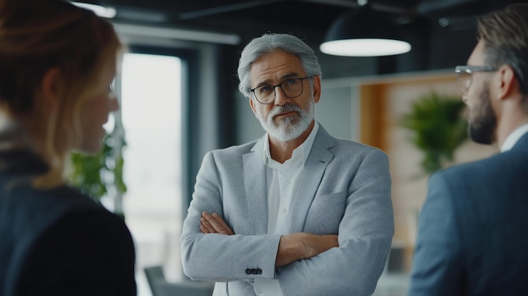 PSD confident senior businessman listening attentively to colleagues during a meeting in a modern office