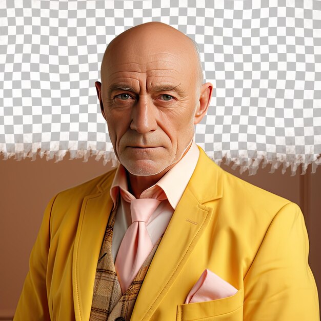 PSD a confident senior man with bald hair from the nordic ethnicity dressed in counselor attire poses in a sideways glance style against a pastel yellow background