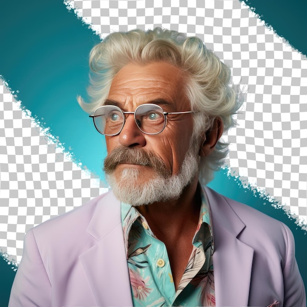 A confident senior man with blonde hair from the pacific islander ethnicity dressed in psychologist attire poses in a eyes looking over glasses style against a pastel mint background