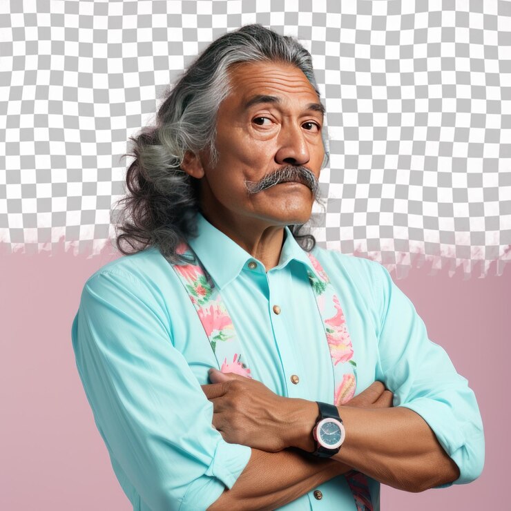 PSD confident senior with wavy hair pacific islander makeup artist in stylish pose on mint background