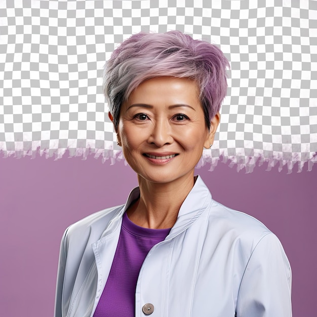 A confident senior woman with short hair from the asian ethnicity dressed in radiologist attire poses in a sideways glance style against a pastel periwinkle background