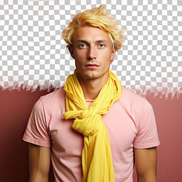 Confident slavic cook blonde hair casual style poses with hope against lemon pastel backdrop