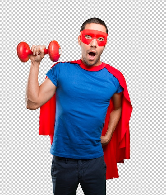 PSD confident superhero with a dumbbell