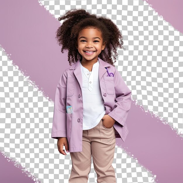 PSD a confident toddle girl with wavy hair from the african american ethnicity dressed in food scientist attire poses in a relaxed stance with hands in pockets style against a pastel mauve back