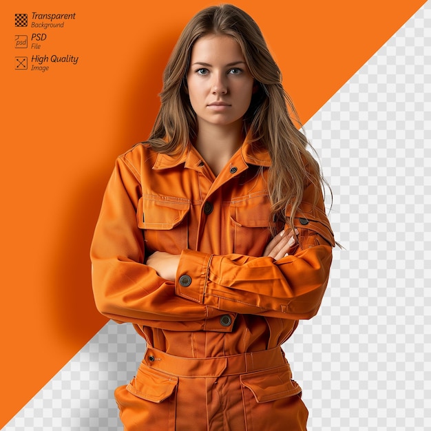 PSD confident woman in orange jumpsuit on transparent background